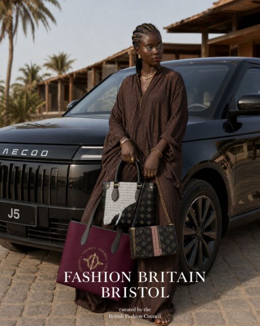 Editorial fashion image of a model carrying an Amschela handbag for Chapter One, Amschela’s Fashion Britain Bristol 2026 event